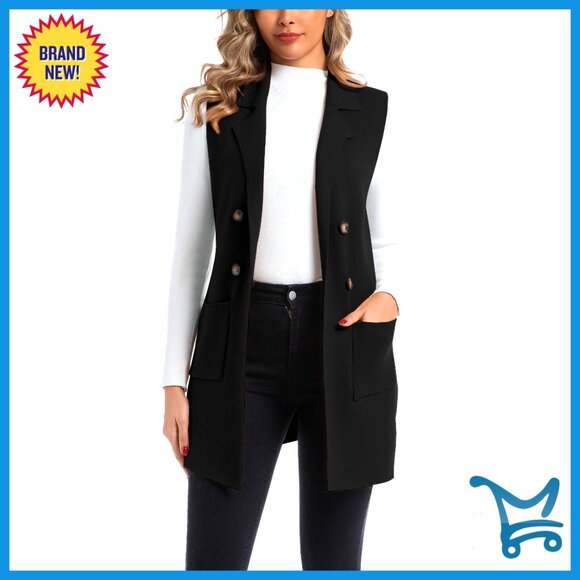 Long Sleeveless Sweater Vest Notch Lapel Double Breasted Cardigan Tops